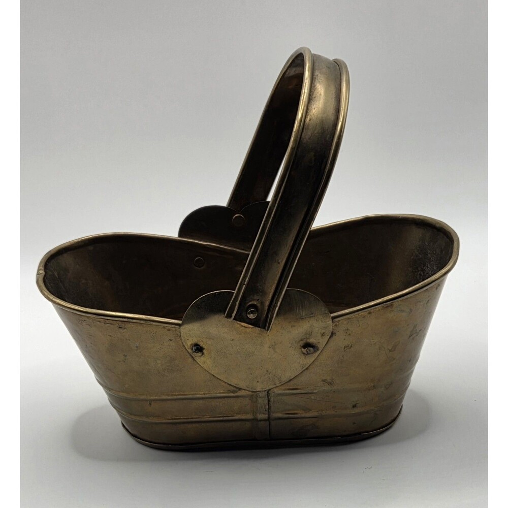 Vtg Small Brass Basket Folding Handle Heart Detail Cottagecore 6.5" x 3.5"